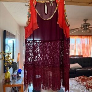 BKE Red and Burgundy Lace Fringe Top